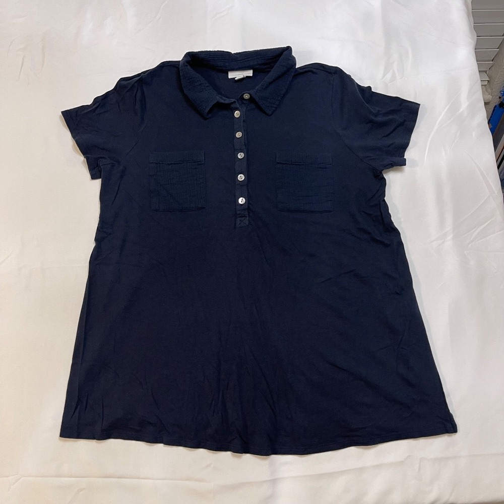 J.Jill Women's Medium Navy Collared Short Sleeve Tunic Top Cotton Double Pocket